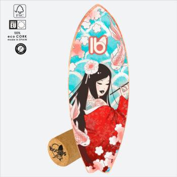 Balance board IBOARDS Kijura No Uta con geisha y koi, madera PEFC, rodillo de corcho reciclado