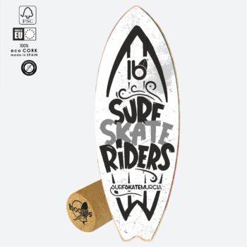 Tabla de equilibrio estilo surf con diseño gráfico en blanco y negro con mensaje Surfskate Riders